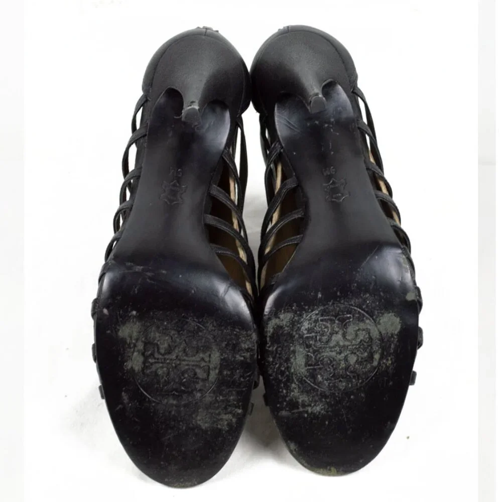 Tory Burch Leather Crystal Emblellishment Black Heel Shoe